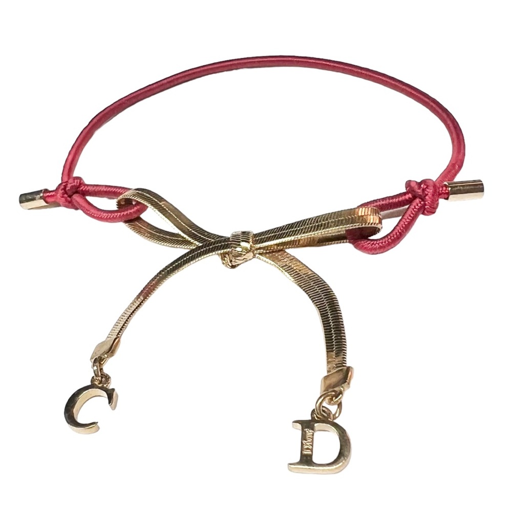 VTG AUTH Christian Dior Red Elastic Gold Chain CD Logo Bow Charm Bracelet - Picture 4 of 12